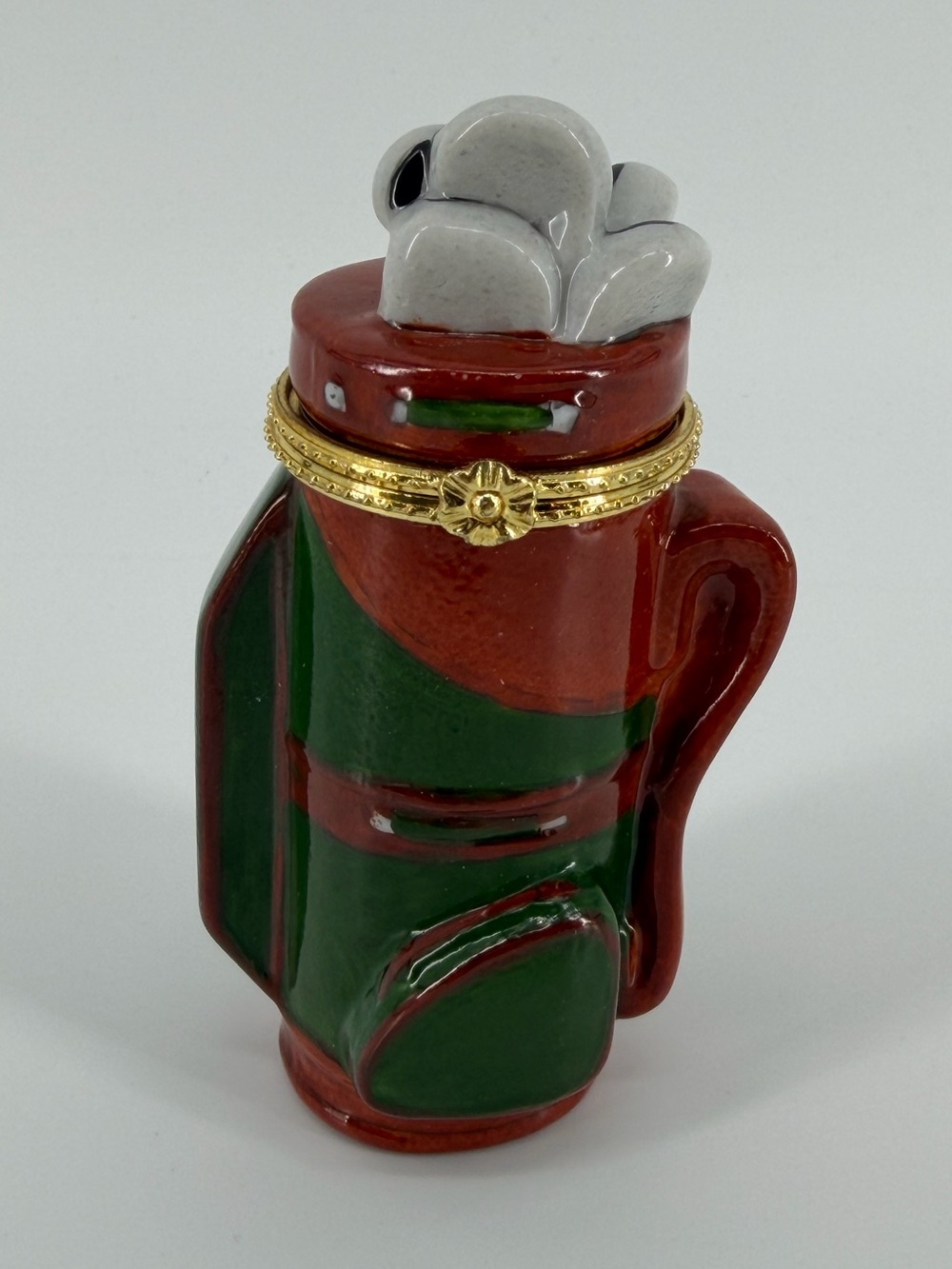 Vintage Golf Bag & Clubs Porcelain Hinged Trinket Box in Green Brown Gold